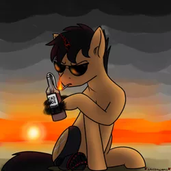 Size: 1000x1000 | Tagged: safe, alternate version, artist:skydreams, derpibooru import, oc, oc:charger, unofficial characters only, pony, unicorn, fallout equestria, alcohol, amputee, cigarette, claws, cloud, commission, fallout equestria: radio static, fire, image, male, molotov cocktail, png, prosthetic leg, prosthetic limb, prosthetics, stallion, sunset, vodka