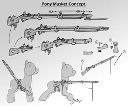 Size: 1980x1650 | Tagged: safe, artist:jesterpi, derpibooru import, pony, abstract background, black and white, blunderbuss, diagram, flintlock, grayscale, gun, image, jpeg, monochrome, musket, scope, sketch, soldier, weapon