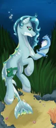 Size: 1632x3672 | Tagged: safe, artist:sharxz, derpibooru import, oc, unofficial characters only, fish, merpony, serpent, bag, blue mane, bubble, crepuscular rays, fish tail, flowing mane, green eyes, image, ocean, png, seashell, seaweed, shell, smiling, solo, tail, underwater, water