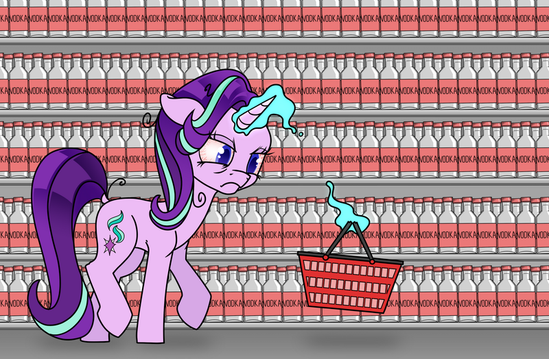 Size: 1500x983 | Tagged: safe, artist:dacaoo, derpibooru import, starlight glimmer, pony, unicorn, alcohol, hangover, image, magic, magic aura, png, solo, supermarket, vodka