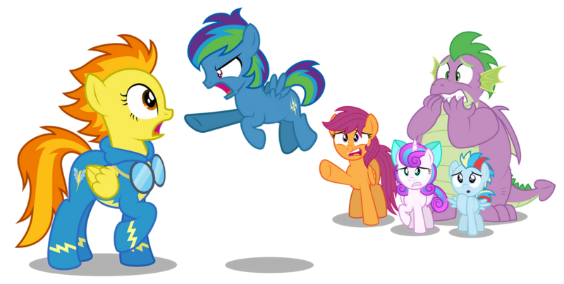 Size: 1280x646 | Tagged: safe, artist:aleximusprime, derpibooru import, princess flurry heart, scootaloo, spike, spitfire, oc, oc:lightning flash, oc:storm streak, alicorn, dragon, pegasus, pony, flurry heart's story, angry, biting nails, calming of the storm, clothes, female, filly, filly flurry heart, floating, image, offspring, older, older scootaloo, older spike, open mouth, parent:oc:thunderhead, parent:rainbow dash, parents:canon x oc, png, pointing, scared, shocked, simple background, transparent background, uniform, vector, winged spike, wonderbolts uniform, worried