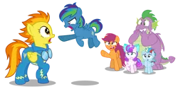 Size: 1280x646 | Tagged: safe, artist:aleximusprime, derpibooru import, princess flurry heart, scootaloo, spike, spitfire, oc, oc:lightning flash, oc:storm streak, alicorn, dragon, pegasus, pony, flurry heart's story, angry, biting nails, calming of the storm, clothes, female, filly, filly flurry heart, floating, image, offspring, older, older scootaloo, older spike, open mouth, parent:oc:thunderhead, parent:rainbow dash, parents:canon x oc, png, pointing, scared, shocked, simple background, transparent background, uniform, vector, winged spike, wonderbolts uniform, worried