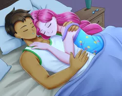 Size: 1900x1500 | Tagged: safe, artist:focusb, derpibooru import, pinkie pie, oc, oc:copper plume, equestria girls, bed, bedsheets, canon x oc, clothes, commission, commissioner:imperfectxiii, copperpie, cuddling, eyes closed, female, glasses, image, male, pajamas, pillow, png, shipping, shirt, sleeping, straight, t-shirt