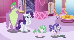 Size: 1024x556 | Tagged: safe, artist:sistervailory, derpibooru import, rarity, spike, oc, oc:clarity, dracony, hybrid, base used, description in comments, family, female, gigachad spike, image, interspecies offspring, jpeg, male, offspring, older, older spike, parent:rarity, parent:spike, parents:sparity, shipping, sparity, straight