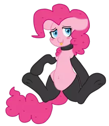Size: 2226x2578 | Tagged: suggestive, artist:pinkiepone, derpibooru import, pinkie pie, belly button, blushing, clothes, collar, derpibooru exclusive, frog (hoof), image, kinkie pie, png, socks, tongue out, underhoof, wingding eyes
