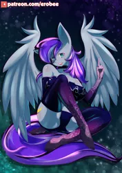 Size: 800x1133 | Tagged: safe, alternate version, artist:ero-bee, derpibooru import, oc, unofficial characters only, anthro, pegasus, unguligrade anthro, clothes, evening gloves, eyelashes, gloves, image, jpeg, latex, latex gloves, latex socks, latex suit, long gloves, pegasus oc, signature, sitting, smiling, socks, solo, wings