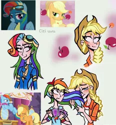 Size: 2472x2662 | Tagged: safe, artist:citi, derpibooru import, edit, edited screencap, screencap, applejack, rainbow dash, human, make new friends but keep discord, newbie dash, simple ways, apple, card game, clothes, crying, food, freckles, goggles, humanized, image, jpeg, nose blowing, rainbow fash, scene interpretation, screencap reference, uniform, wonderbolts uniform