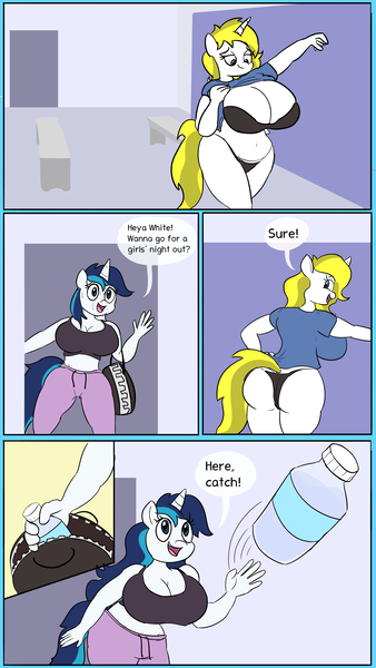 Size: 2025x3600 | Tagged: suggestive, artist:comfyplum, derpibooru import, shining armor, oc, oc:white heart, anthro, unicorn, ass, bent over, big breasts, breasts, busty gleaming shield, busty white heart, butt, clothes, comic, commission, dialogue, female, females only, gleaming shield, huge breasts, image, large butt, locker room, open mouth, pants, png, rule 63, smiling, sweatpants, throwing, water bottle