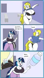 Size: 2025x3600 | Tagged: suggestive, artist:comfyplum, derpibooru import, shining armor, oc, oc:white heart, anthro, unicorn, ass, bent over, big breasts, breasts, busty gleaming shield, busty white heart, butt, clothes, comic, commission, dialogue, female, females only, gleaming shield, huge breasts, image, large butt, locker room, open mouth, pants, png, rule 63, smiling, sweatpants, throwing, water bottle
