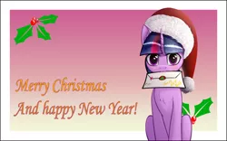 Size: 8000x5000 | Tagged: safe, alternate version, artist:colourwave, derpibooru import, twilight sparkle, pony, unicorn, absurd resolution, blushing, christmas, cute, delivery, female, happy new year, hat, holiday, image, letter, letter in mouth, looking at you, mare, merry christmas, new year, png, postcard, santa hat, sitting, solo, text