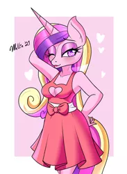 Size: 950x1300 | Tagged: safe, artist:melliedraws, derpibooru import, princess cadance, anthro, clothes, dress, image, one eye closed, png, solo, wink