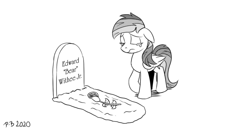 Size: 1200x675 | Tagged: safe, artist:pony-berserker, derpibooru import, rainbow dash, pegasus, pony, crying, eyes closed, flower, grave, gravestone, image, in memoriam, monochrome, offset, png, pony-berserker's twitter sketches, sad, stippling