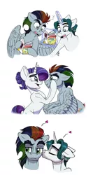 Size: 750x1415 | Tagged: safe, artist:celestial-rainstorm, derpibooru import, rarity, oc, oc:prism storm, oc:tourmaline quartz, pegasus, pony, unicorn, gay, image, jpeg, magic, male, oc x oc, offspring, parent:oc:harpsichord, parent:rainbow dash, parent:rarity, parent:soarin', parents:canon x oc, parents:soarindash, shipping, simple background, white background