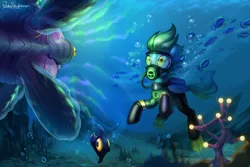 Size: 3000x2000 | Tagged: safe, artist:jedayskayvoker, derpibooru import, oc, oc:sea glow, unofficial characters only, fish, peeper (subnautica), pegasus, pony, blue background, crossover, diving, flippers, hypnosis, image, mesmer (subnautica), pegasus oc, png, scuba, scuba gear, simple background, subnautica, this will end in pain, underwater, wetsuit, wings