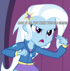 Size: 696x714 | Tagged: safe, derpibooru import, edit, edited screencap, screencap, trixie, equestria girls, rainbow rocks, caption, cropped, female, image, image macro, my eyes are up here, png, solo, text