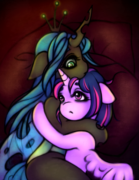 Size: 600x779 | Tagged: safe, artist:drawsyraccoon, derpibooru import, queen chrysalis, twilight sparkle, twilight sparkle (alicorn), alicorn, pony, a better ending for chrysalis, female, image, lesbian, png, shipping, twisalis