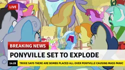 Size: 1280x720 | Tagged: safe, artist:tardifice, derpibooru import, edit, edited screencap, screencap, bon bon, lyra heartstrings, sweetie drops, trixie, the cutie pox, to where and back again, break your own news, image, png, terrorism