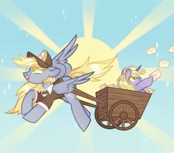 Size: 2048x1804 | Tagged: safe, artist:n in a, derpibooru import, derpy hooves, dinky hooves, pegasus, pony, unicorn, colored pupils, equestria's best mother, female, image, jpeg, mother and child, mother and daughter, sun, wagon
