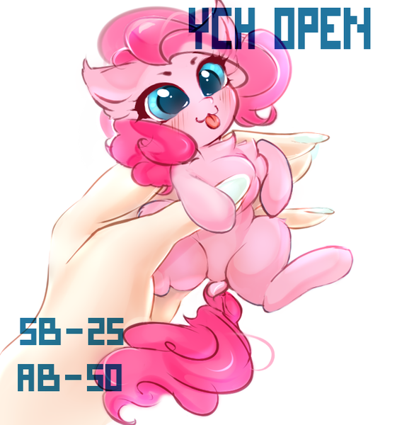 Size: 671x718 | Tagged: safe, artist:haokan, derpibooru import, pinkie pie, earth pony, human, pony, :3, :p, blushing, commission, cute, diapinkes, dock, ear fluff, female, hand, holding a pony, image, in goliath's palm, micro, offscreen character, offscreen human, png, solo, tongue out, ych example, ych sketch, your character here