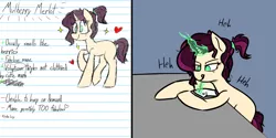 Size: 1240x618 | Tagged: safe, artist:pinkberry, derpibooru import, oc, oc:mulberry merlot, unofficial characters only, pony, unicorn, >:p, chuckling, female, freckles, heart, image, lined paper, magic, mare, parody, pencil drawing, png, reference sheet, solo, sparkles, tattoo, text, tongue out, traditional art, writing