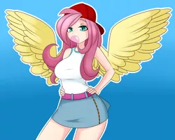 Size: 4351x3500 | Tagged: safe, artist:caoscore, derpibooru import, fluttershy, human, 90s grunge fluttershy, big breasts, breasts, bubblegum, busty fluttershy, cap, clothes, food, gum, hand on hip, hat, humanized, image, looking at you, png, skirt, solo, tanktop, winged humanization, wings