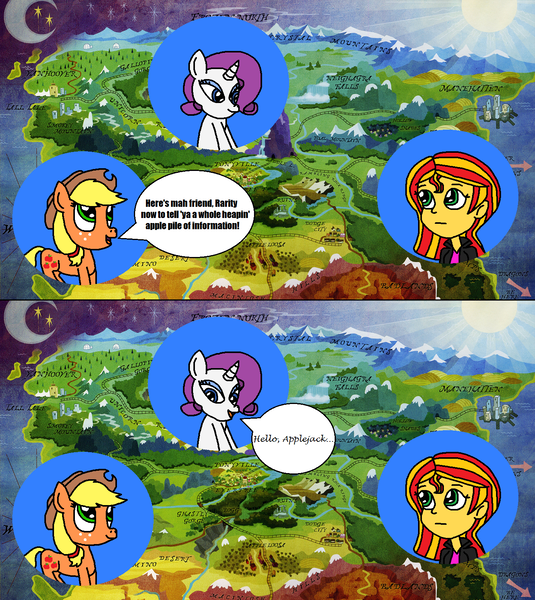 Size: 1386x1555 | Tagged: safe, artist:logan jones, derpibooru import, applejack, rarity, sunset shimmer, pony, unicorn, equestria girls, 2 panel comic, accent, captain n, comic, equestria, font, hello mario, image, map, meme, nintendo sex ed, png, ponified meme, super mario bros. super show