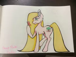 Size: 2592x1936 | Tagged: safe, artist:tan art, derpibooru import, oc, oc:snowy marsh, unofficial characters only, butterfly, earth pony, insect, pony, female, image, jpeg, looking at hoof, mare, raised hoof, side view, solo, traditional art