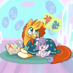 Size: 2048x2048 | Tagged: safe, artist:pfeffaroo, derpibooru import, princess flurry heart, sunburst, alicorn, dragon, pony, unicorn, baby, baby pony, babysitting, beard, blaze (coat marking), book, clothes, cute, daaaaaaaaaaaw, duo, facial hair, female, filly, flurrybetes, foal, foalsitting, folded wings, glasses, glowing horn, goatee, head turned, high res, horn, image, indoors, jpeg, looking at something, looking up, lying down, magic, male, messy mane, nursery, open mouth, projection, prone, reaching, reclining, robe, round glasses, sitting, smiling, socks (coat marking), stallion, sunbetes, sunburst's cloak, sunburst's glasses, telekinesis, uncle sunburst, wings