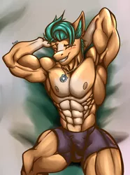 Size: 2600x3500 | Tagged: suggestive, artist:rizzyofen, derpibooru import, hitch trailblazer, anthro, pony, abs, biceps, blushing, clothes, deltoids, ear fluff, eyebrows, g5, grin, high res, image, jewelry, looking at you, lying down, male, male nipples, muscles, muscular male, necklace, nipples, nudity, on back, one eye closed, partial nudity, pecs, png, smiling, smiling at you, solo, solo male, stallion, topless, wink, winking at you