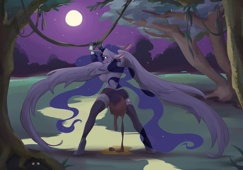 Size: 2229x1557 | Tagged: questionable, alternate version, artist:mae, derpibooru import, princess luna, alicorn, anthro, accident, armor, aroused, ass, blushing, breasts, busty princess luna, butt, clothes, crotch bulge, everfree forest, fetish, full moon, holding, image, jpeg, leaking, long ears, looking back, messy, moon, nipples, nudity, overflowing, panties, pantypoop, partial nudity, poop, pooping, scat, sky, socks, soiling, solo, spread legs, spreading, standing, thigh highs, topless, underwear, urine, vine