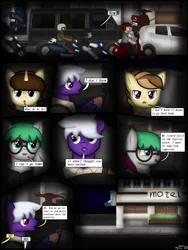 Size: 1750x2333 | Tagged: safe, artist:99999999000, derpibooru import, oc, oc:firearm king, oc:li anna, oc:mar baolin, oc:zhang cathy, earth pony, pegasus, pony, unicorn, comic:outing, car, comic, female, glasses, image, male, motorcycle, png, scooter, van