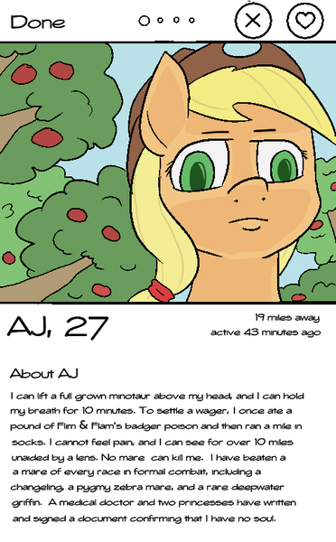 Size: 480x774 | Tagged: safe, artist:happy harvey, derpibooru import, applejack, earth pony, pony, apple, apple tree, drawn on phone, female, food, image, meme, png, profile, profile picture, solo, tinder, tree