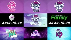 Size: 3830x2160 | Tagged: safe, derpibooru import, screencap, equestria girls, equestria girls series, my little pony: pony life, my little pony: the movie, spoiler:mlp friendship is forever, a decade of pony - my little pony: friendship is magic, discovery family logo, equestria girls logo, friendship is forever:new mlp series, happy birthday mlp:fim, hub logo, image, logo, mlp fim's tenth anniversary, png, pony history, pony life logo, the hub