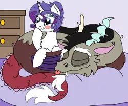 Size: 1024x849 | Tagged: safe, artist:rosefang16, derpibooru import, discord, rarity, draconequus, pony, unicorn, alternate hairstyle, blushing, cuddling, cute, discute, female, image, jpeg, male, mare, raricord, shipping, sleeping, stifling laughter, straight, tongue out, wavy mouth