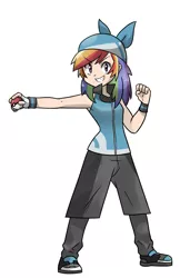 Size: 1121x1725 | Tagged: safe, artist:kianamai, derpibooru import, rainbow dash, human, bandana, clothes, cropped, crossover, female, fingerless gloves, gloves, grin, humanized, image, looking at you, png, pokéball, pokémon, pokémon trainer, raised eyebrow, smiling, solo, trainer, wristband
