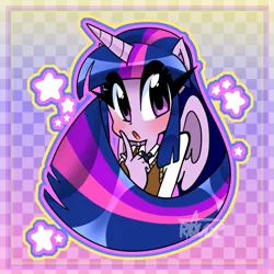 Size: 1024x1024 | Tagged: safe, artist:thegreatrouge, derpibooru import, twilight sparkle, alicorn, anthro, abstract background, blushing, bust, clothes, cute, female, image, looking at you, open mouth, png, solo, stars, twiabetes, twilight sparkle (alicorn)