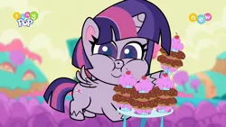 Size: 1024x576 | Tagged: safe, derpibooru import, screencap, twilight sparkle, twilight sparkle (alicorn), alicorn, pony, my little pony: pony life, pie vs. pie, spoiler:pony life s01e23, chubby cheeks, cupcake, cute, donut, dough-cup-pop, eating, fat, female, food, image, looking at you, mare, obese, png, tiny pop, twiabetes, twilard sparkle