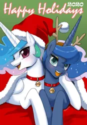 Size: 1100x1578 | Tagged: safe, artist:johnjoseco, derpibooru import, princess celestia, princess luna, alicorn, pony, antlers, bell, bell collar, christmas, collar, cute, duo, female, hat, holiday, image, looking at you, lying down, mare, open mouth, png, prone, reindeer antlers, royal sisters, santa hat, siblings, sisters, smiling