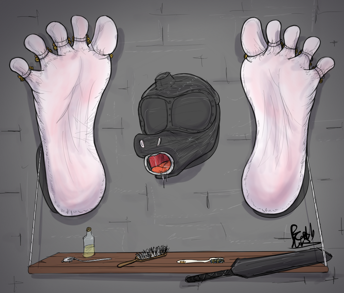 Size: 3000x2555 | Tagged: suggestive, artist:fetishsketches, derpibooru import, princess celestia, anthro, plantigrade anthro, barefoot, big feet, blindfold, bondage, broken horn, brush, commission, defeated, drool, feet, fetish, foot fetish, gag, hairbrush, hood, horn, image, open mouth, paddle, png, ring gag, shelf, soles, through wall, toes, toe tied, toothbrush, wartenberg wheel