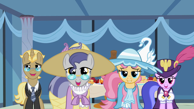 Size: 1280x720 | Tagged: safe, derpibooru import, screencap, golden gavel, pish posh, sea swirl, seafoam, silver frames, swan song, vance van vendington, earth pony, pony, unicorn, sweet and elite, female, glasses, image, male, mare, png, stallion