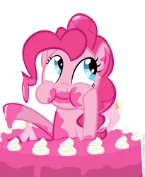 Size: 2657x3248 | Tagged: safe, artist:mrkat7214, derpibooru import, pinkie pie, earth pony, pony, cake, candle, cute, diapinkes, eating, female, food, frosting, happy birthday mlp:fim, high res, image, mare, messy eating, mlp fim's tenth anniversary, pink, png, puffy cheeks, simple background, solo, vector, white background