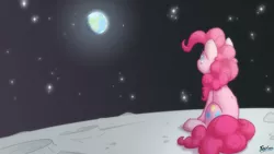 Size: 5000x2813 | Tagged: safe, artist:fluffyxai, derpibooru import, pinkie pie, earth pony, pony, album cover, facing away, female, high res, image, looking at something, looking away, looking up, mare, moon, on the moon, pink side of the moon, planet, png, rear view, sitting, solo, space, stars, three quarter view