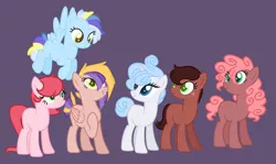 Size: 1280x761 | Tagged: safe, artist:shiibases, artist:valey-of-the-kings, derpibooru import, oc, oc:apple-strawberry pie, oc:chocolate cake, oc:cloudy, oc:gemstone, oc:ginger gold, oc:nova, unofficial characters only, earth pony, pegasus, pony, unicorn, base used, female, image, jpeg, mare, next generation, offspring, parent:applejack, parent:big macintosh, parent:cheese sandwich, parent:fancypants, parent:flash sentry, parent:fluttershy, parent:pinkie pie, parent:rainbow dash, parent:rarity, parent:soarin', parent:trouble shoes, parent:troubleshoes clyde, parent:twilight sparkle, parents:cheesepie, parents:flashlight, parents:fluttermac, parents:raripants, parents:soarindash, parents:troublejack, purple background, simple background