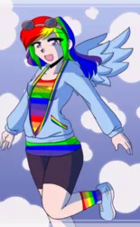 Size: 930x1500 | Tagged: safe, artist:dawnrie, derpibooru import, rainbow dash, human, clothes, colored pupils, cosplay, costume, female, goggles, image, jpeg, not rainbow dash, open mouth, rainbow socks, socks, solo, striped socks, sweatshirt, wings