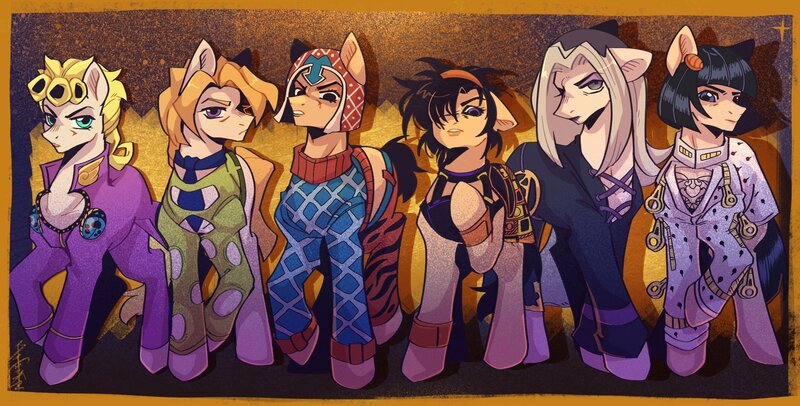 Size: 2048x1039 | Tagged: safe, artist:千雲九枭, derpibooru import, ponified, pony, bruno buccellati, clothes, giorno giovanna, golden wind, guido mista, image, jojo's bizarre adventure, jpeg, leone abbachio, narancia ghirga, pannacotta fugo, vento aureo