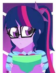 Size: 2448x3174 | Tagged: safe, artist:xan-gelx, derpibooru import, sci-twi, twilight sparkle, equestria girls, abstract background, adorkable, book, clothes, crossed arms, cute, dork, eyelashes, female, glasses, high res, image, jpeg, meganekko, solo, twiabetes, white border