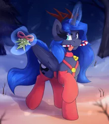 Size: 1388x1575 | Tagged: safe, artist:shadowreindeer, derpibooru import, princess luna, alicorn, pony, bell, candy, candy cane, christmas, clothes, cute, food, forest, glowing horn, holiday, horn, image, jpeg, looking at you, lunabetes, magic, mistletoe, mouth hold, night, raised hoof, snow, socks, solo, telekinesis, tongue out, tree, winter