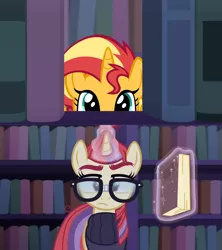 Size: 800x900 | Tagged: safe, artist:mrkat7214, derpibooru import, edit, edited screencap, screencap, moondancer, sunset shimmer, pony, unicorn, amending fences, book, bookshelf, character swap, clothes, confused, cute, dancerbetes, female, glasses, glowing horn, head, horn, image, library, looking at you, magic, mare, peeking, png, shimmerbetes, soon, spying, surprised, sweet dreams fuel