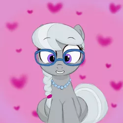 Size: 2000x2000 | Tagged: safe, artist:aa, derpibooru import, silver spoon, earth pony, pony, eyebrows visible through hair, female, filly, glasses, heart, image, jpeg, looking at you, sitting, smiling, smiling at you, solo