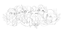 Size: 3600x1800 | Tagged: safe, artist:astery, derpibooru import, angel bunny, applejack, discord, fluttershy, pinkie pie, princess celestia, princess luna, rainbow dash, rarity, spike, starlight glimmer, twilight sparkle, draconequus, dragon, earth pony, pegasus, pony, rabbit, unicorn, :i, animal, derpibooru exclusive, eyes closed, female, grayscale, group, group hug, hearth's warming, hug, i mean i see, image, looking at you, male, mane seven, mane six, mare, monochrome, mug, one eye closed, open mouth, png, simple background, sketch, smiling, snow globe, white background, wink, wip, wreath